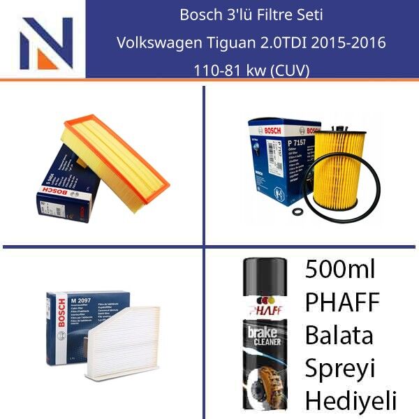 Volkswagen Tiguan 2.0TDI 2015-2016 Bosch 3'lü Filtre Seti