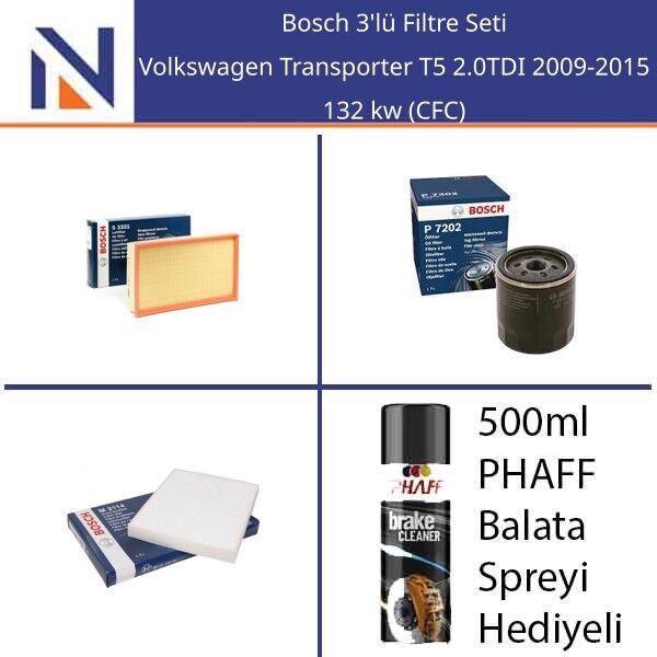 Volkswagen Transporter T5 2.0TDI 2009-2015 Bosch 3'lü Filtre Seti