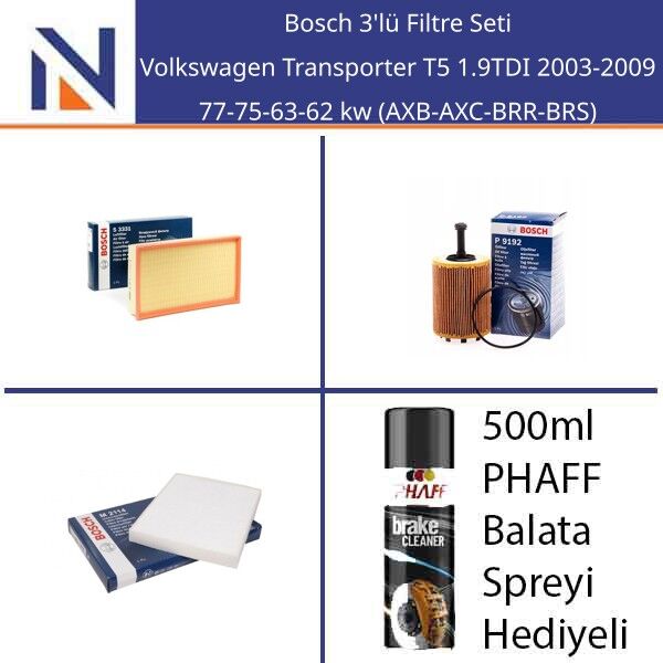 Volkswagen Transporter T5 1.9TDI 2003-2009 Bosch 3'lü Filtre Seti
