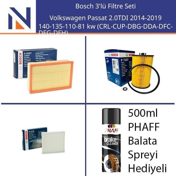 Volkswagen Passat 2.0TDI 2014-2019 Bosch 3'lü Filtre Seti