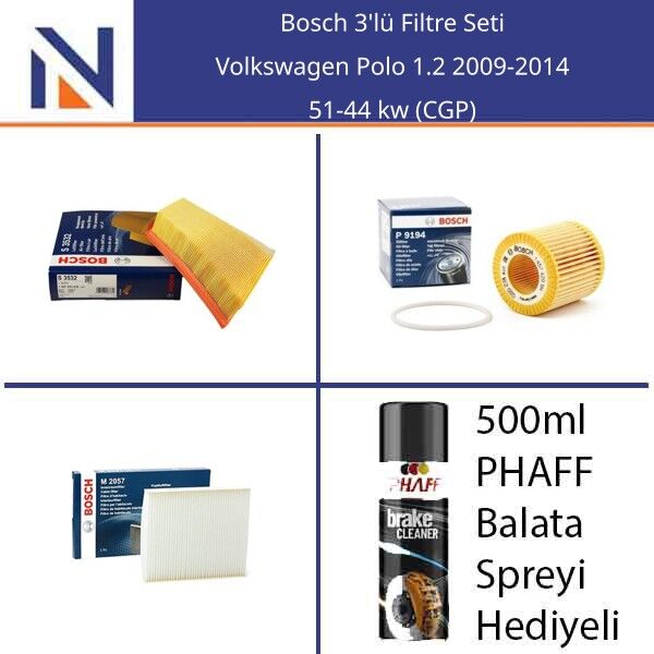 Volkswagen Polo 1.2 2009-2014 Bosch 3'lü Filtre Seti