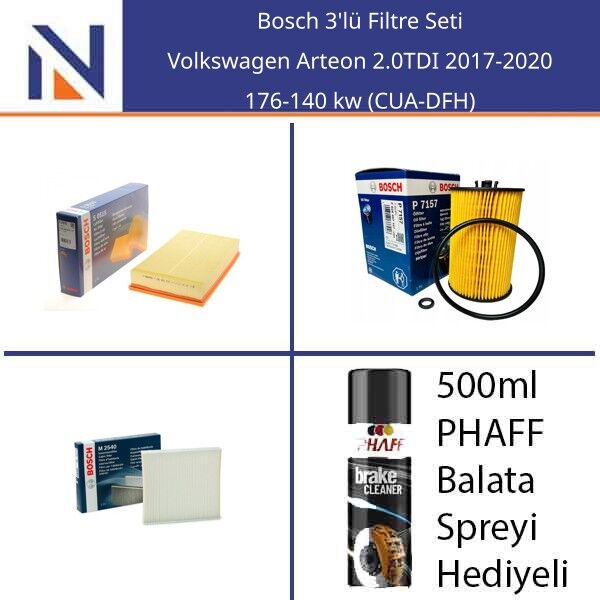 Volkswagen Arteon 2.0TDI 2017-2020 Bosch 3'lü Filtre Seti