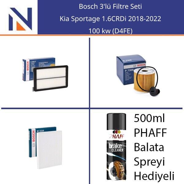 Kia Sportage 1.6CRDi 2018-2022 Bosch 3'lü Filtre Seti
