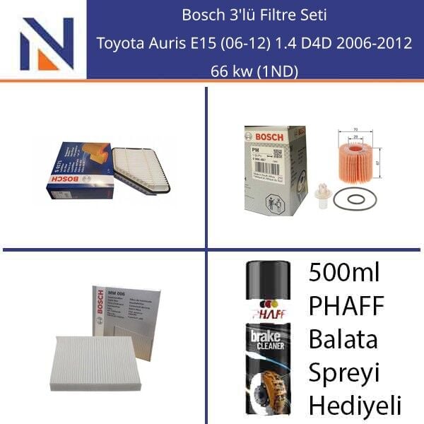 Toyota Auris E15 (06-12) 1.4 D4D 2006-2012 Bosch 3'lü Filtre Seti