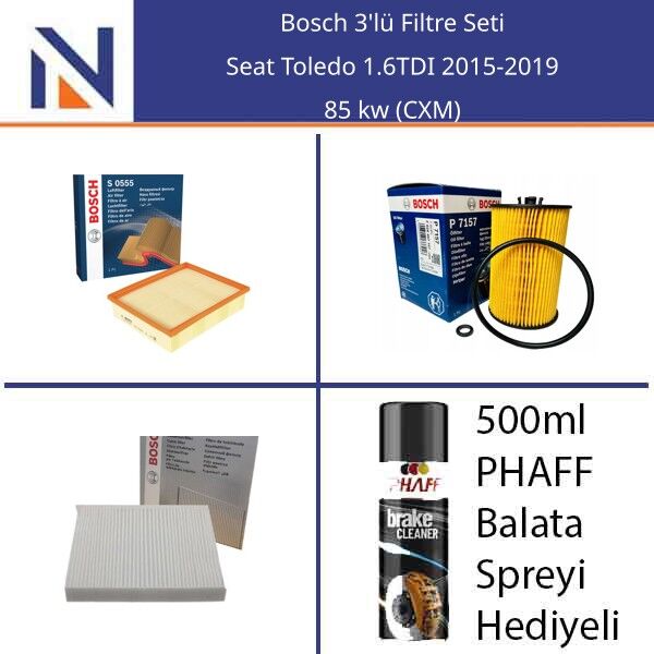 Seat Toledo 1.6TDI 2015-2019 Bosch 3'lü Filtre Seti