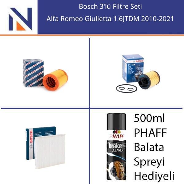 Alfa Romeo Giulietta 1.6JTDM 2010-2021 Bosch 3'lü Filtre Seti