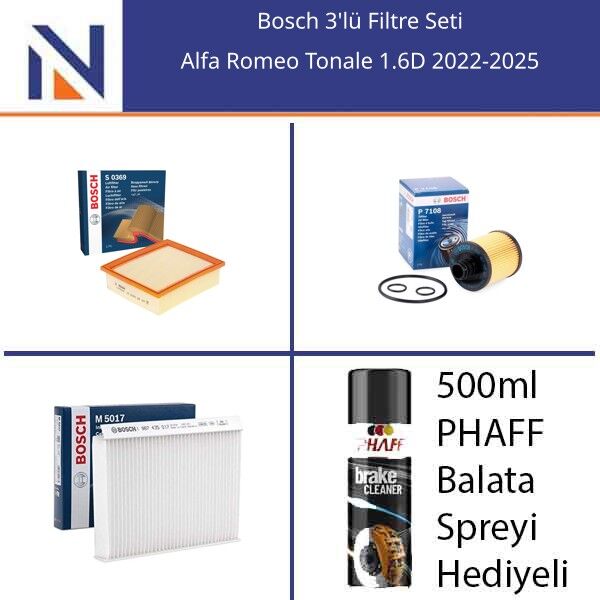 Alfa Romeo Tonale 1.6D 2022-2025 Bosch 3'lü Filtre Seti