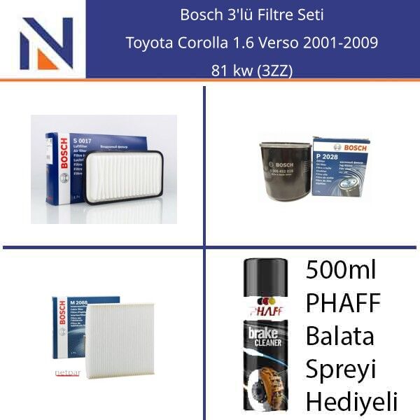 Toyota Corolla 1.6 Verso 2001-2009 Bosch 3'lü Filtre Seti