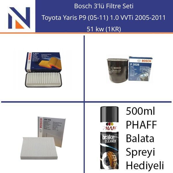 Toyota Yaris P9 (05-11) 1.0 VVTi 2005-2011 Bosch 3'lü Filtre Seti