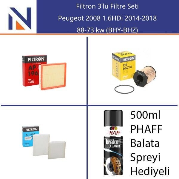Peugeot 2008 1.6HDi 2014-2018 Filtron 3'lü Filtre Seti