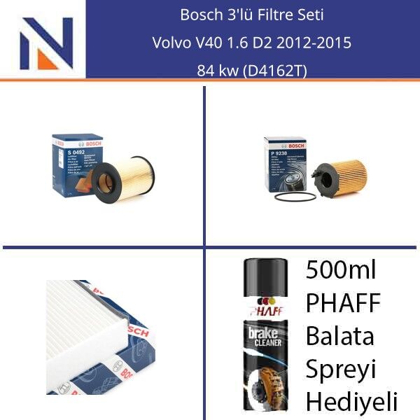 Volvo V40 1.6 D2 2012-2015 Bosch 3'lü Filtre Seti