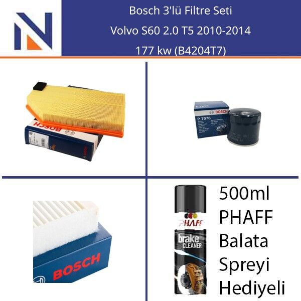 Volvo S60 2.0 T5 2010-2014 Bosch 3'lü Filtre Seti