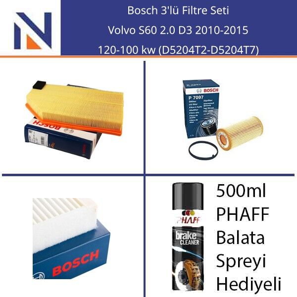 Volvo S60 2.0 D3 2010-2015 Bosch 3'lü Filtre Seti
