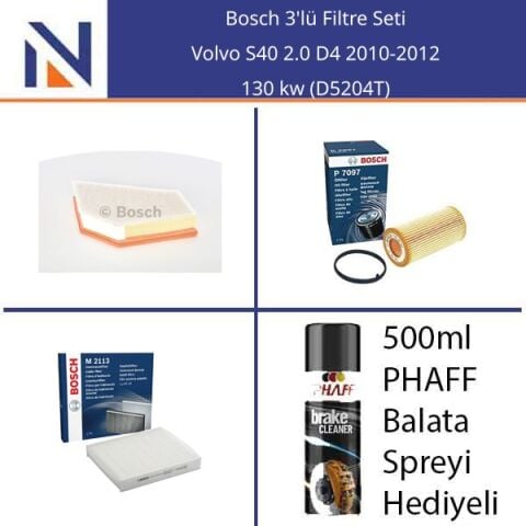 Volvo S40 2.0 D4 2010-2012 Bosch 3'lü Filtre Seti