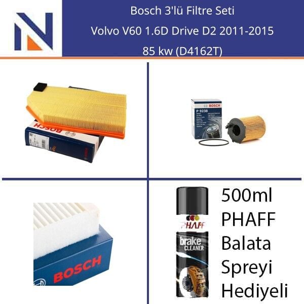 Volvo V60 1.6D Drive D2 2011-2015 Bosch 3'lü Filtre Seti
