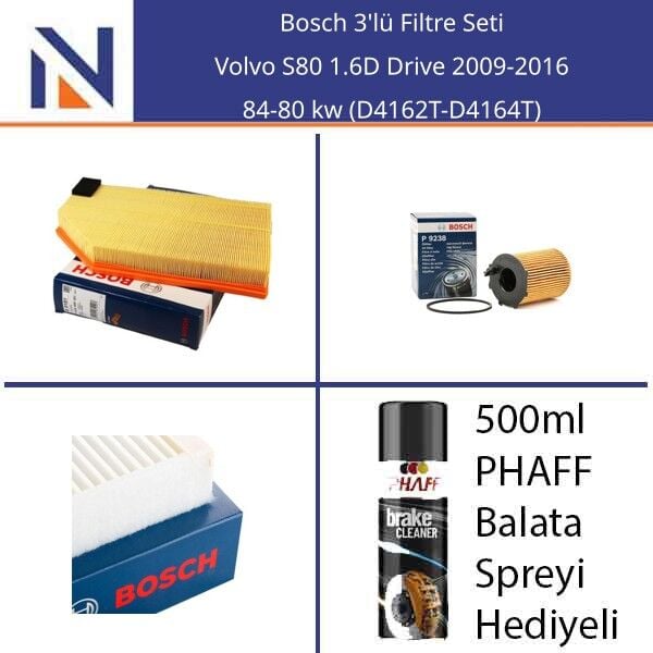 Volvo S80 1.6D Drive 2009-2016 Bosch 3'lü Filtre Seti