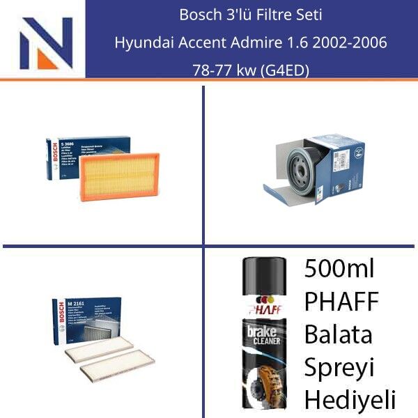 Hyundai Accent Admire 1.6 2002-2006 Bosch 3'lü Filtre Seti