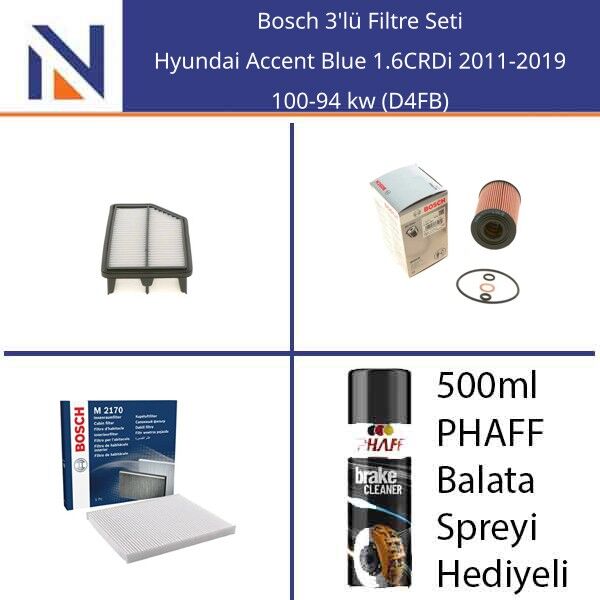 Hyundai Accent Blue 1.6CRDi 2011-2019 Bosch 3'lü Filtre Seti