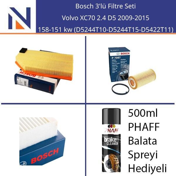 Volvo XC70 2.4 D5 2009-2015 Bosch 3'lü Filtre Seti