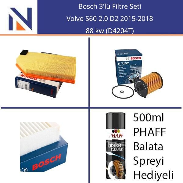 Volvo S60 2.0 D2 2015-2018 Bosch 3'lü Filtre Seti