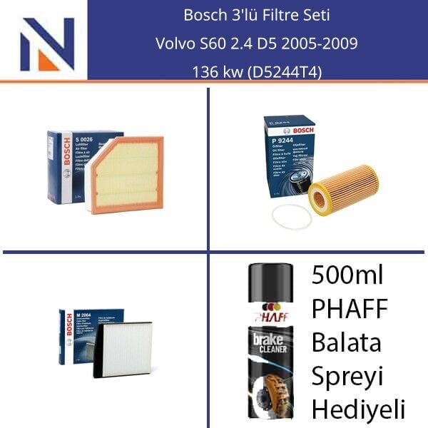 Volvo S60 2.4 D5 2005-2009 Bosch 3'lü Filtre Seti