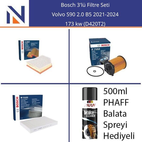 Volvo S90 2.0 B5 2021-2024 Bosch 3'lü Filtre Seti