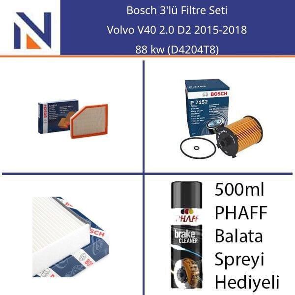 Volvo V40 2.0 D2 2015-2018 Bosch 3'lü Filtre Seti