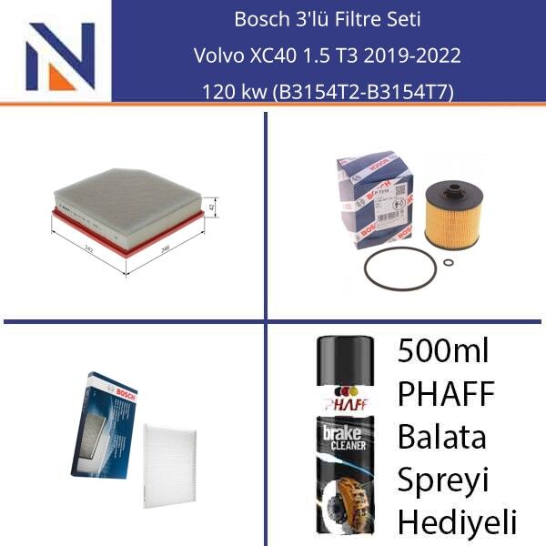 Volvo XC40 1.5 T3 2019-2022 Bosch 3'lü Filtre Seti