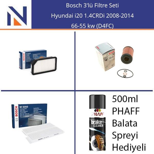 Hyundai i20 1.4CRDi 2008-2014 Bosch 3'lü Filtre Seti
