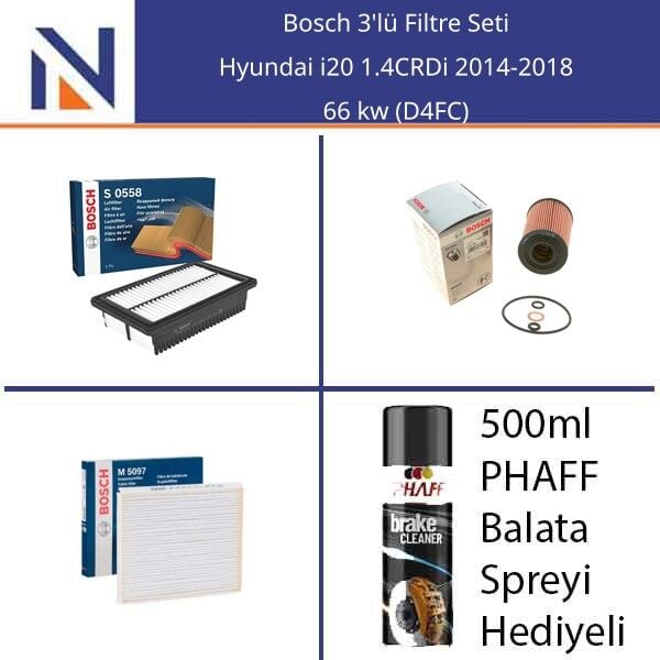 Hyundai i20 1.4CRDi 2014-2018 Bosch 3'lü Filtre Seti