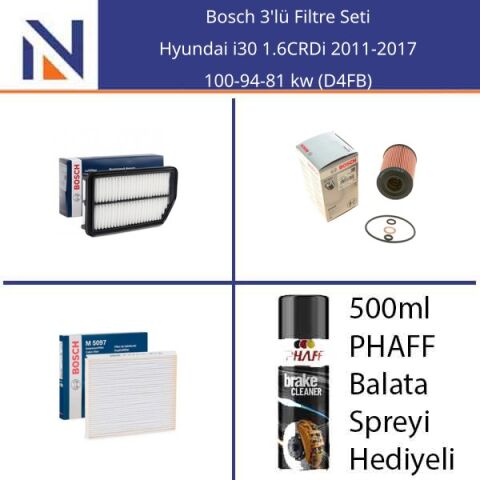 Hyundai i30 1.6CRDi 2011-2017 Bosch 3'lü Filtre Seti