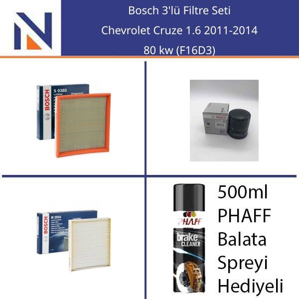 Chevrolet Cruze 1.6 2011-2014 Bosch 3'lü Filtre Seti