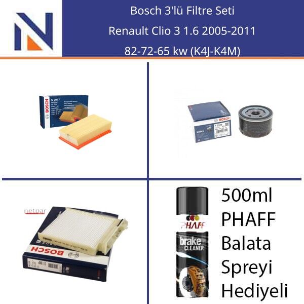 Renault Clio 3 1.6 2005-2011 Bosch 3'lü Filtre Seti