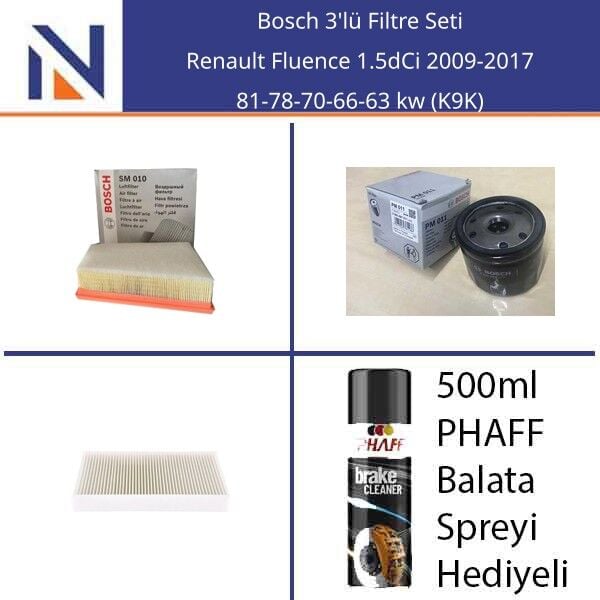 Renault Fluence 1.5dCi 2009-2017 Bosch 3'lü Filtre Seti