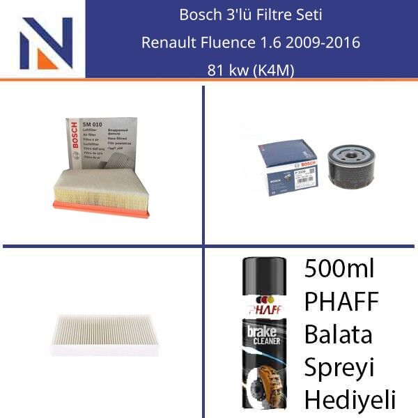 Renault Fluence 1.6 2009-2016 Bosch 3'lü Filtre Seti