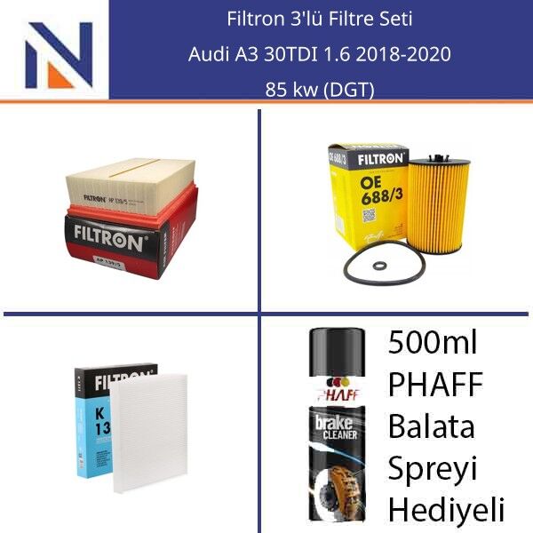Audi A3 30TDI 1.6 2018-2020 Filtron 3'lü Filtre Seti