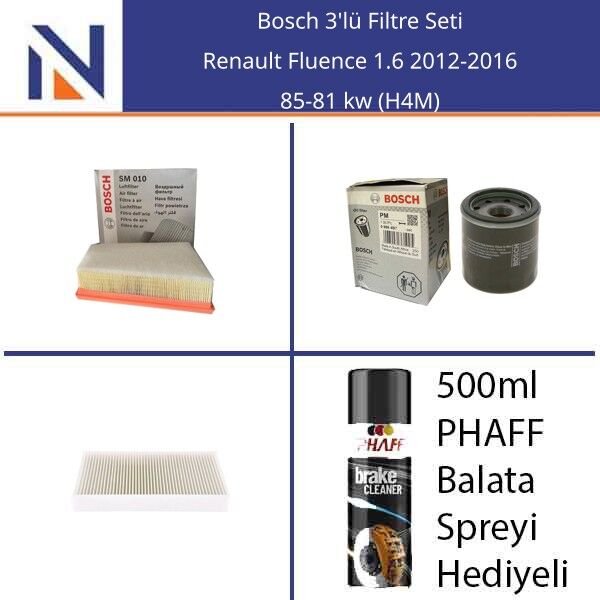 Renault Fluence 1.6 2012-2016 Bosch 3'lü Filtre Seti