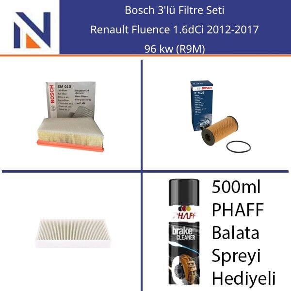 Renault Fluence 1.6dCi 2012-2017 Bosch 3'lü Filtre Seti