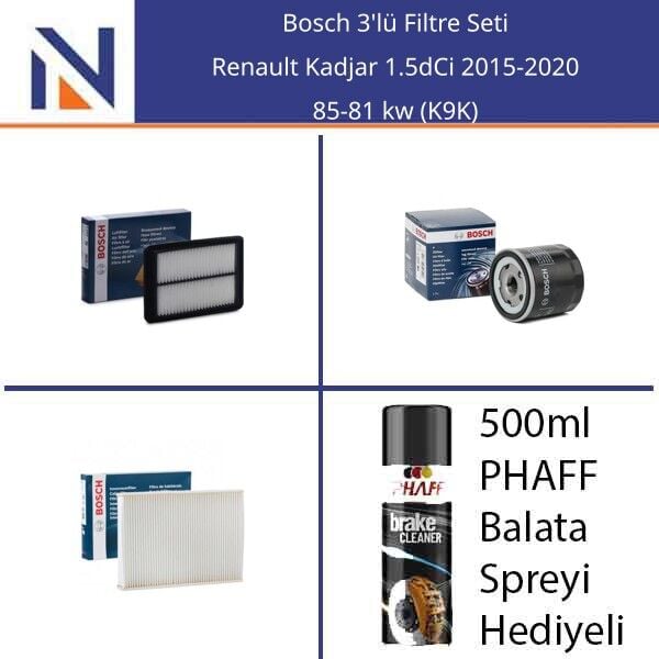 Renault Kadjar 1.5dCi 2015-2020 Bosch 3'lü Filtre Seti