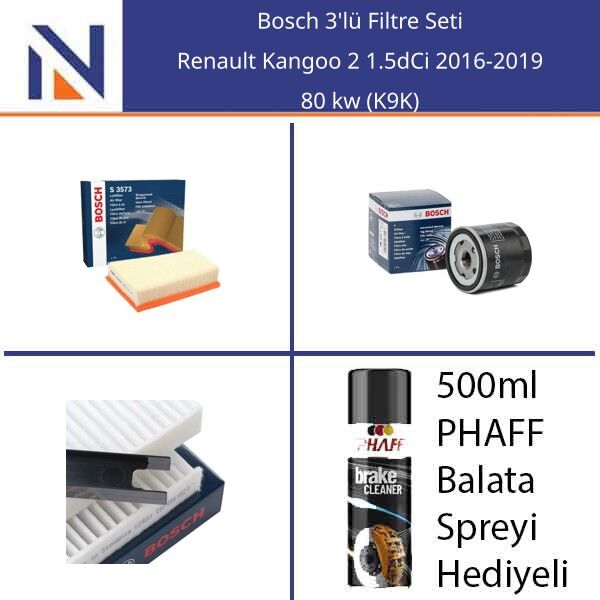Renault Kangoo 2 1.5dCi 2016-2019 Bosch 3'lü Filtre Seti